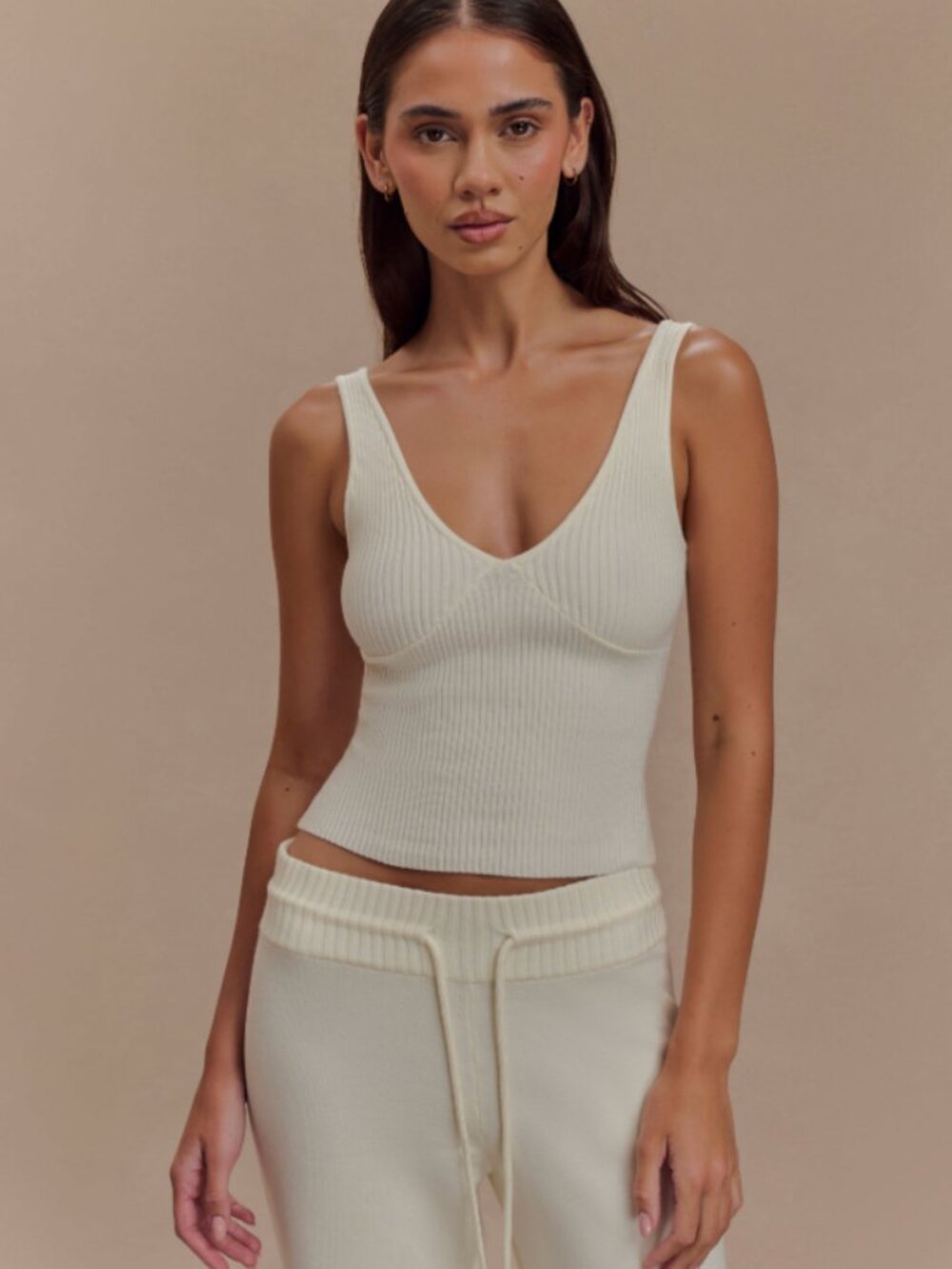 MESHKI Ivory Knit Two Piece Set Crop Tank & Wide Leg Pants Size S